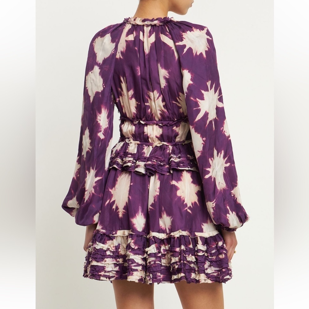 Ulla Johnson Emery Silk Ruffle Long Sleeve Mini Dress Purple Shibori Size 0 NWOT - Picture 4 of 15